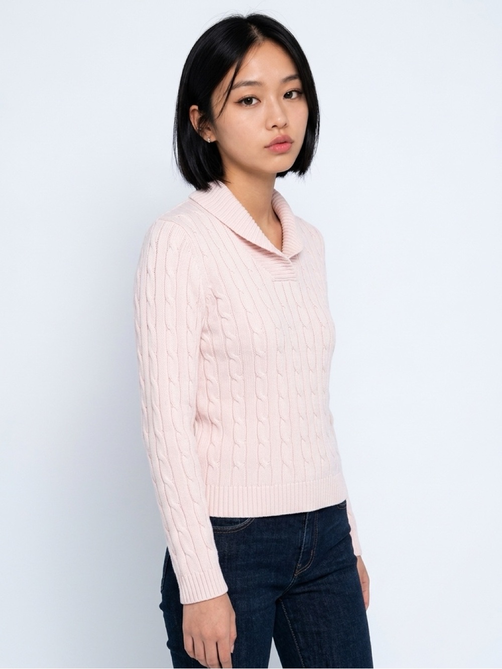 Women’s Chaps Soft Cable Knit Shawl Collar Sweater Pale Pink Medium Runs Small